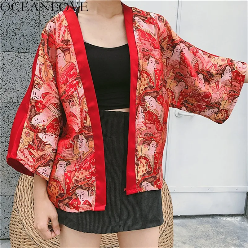 

OCEANLOVE Harajuku Ukiyoe Embroidery Blouse Kimono Red Nine Quarter Yukata Women Tops 2019 Summer Japanse Loose Shirts 11195