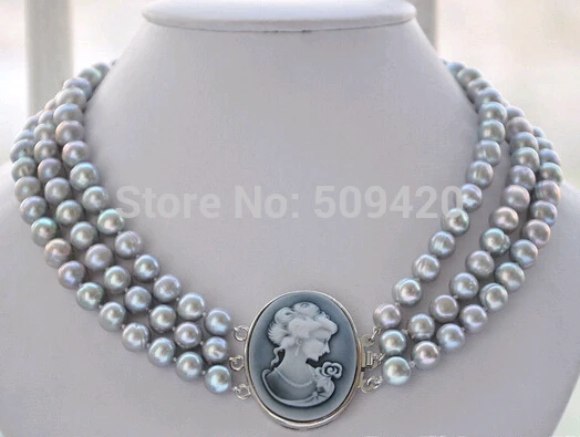 

~~ Free Shipping3row 17-19" 8-9mm GRAY ROUND FRESHWATER PEARL NECKLACE