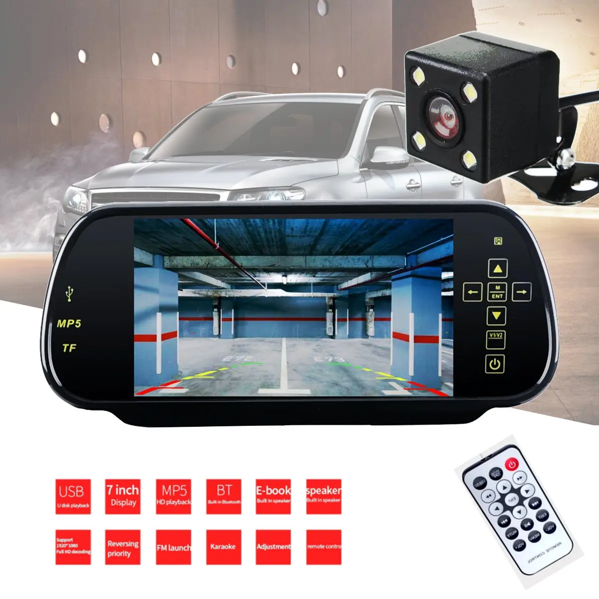 

KROAK 7" HD Mirror Bluetooth Car MP5 Rear View Camera Screen Monitor Display Handsfree FM