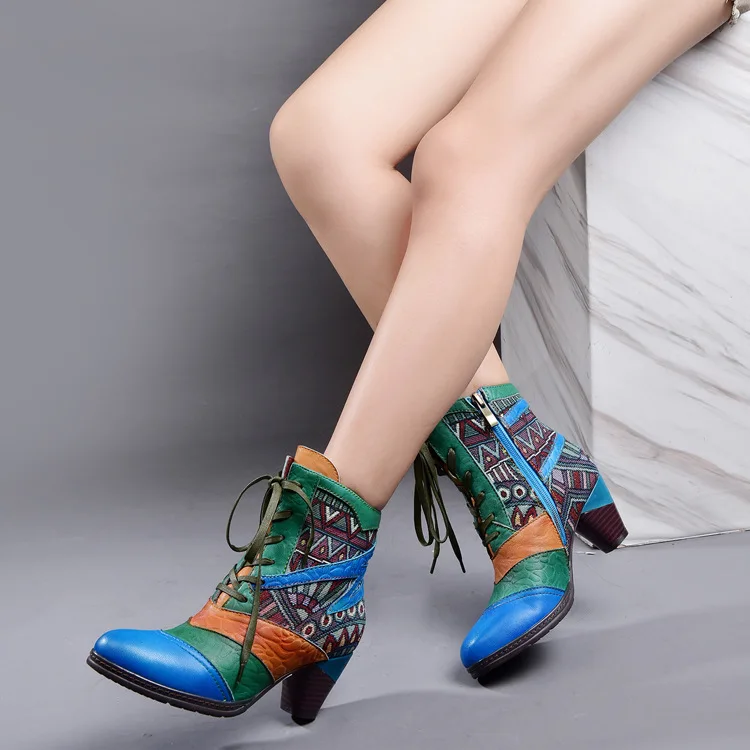 

Autumn Winter Genuine Leather Women Boots Handmade Mixed Colors Ethnic Style Comfortable Cross-tied Ankle Boots Plus Size 41-42