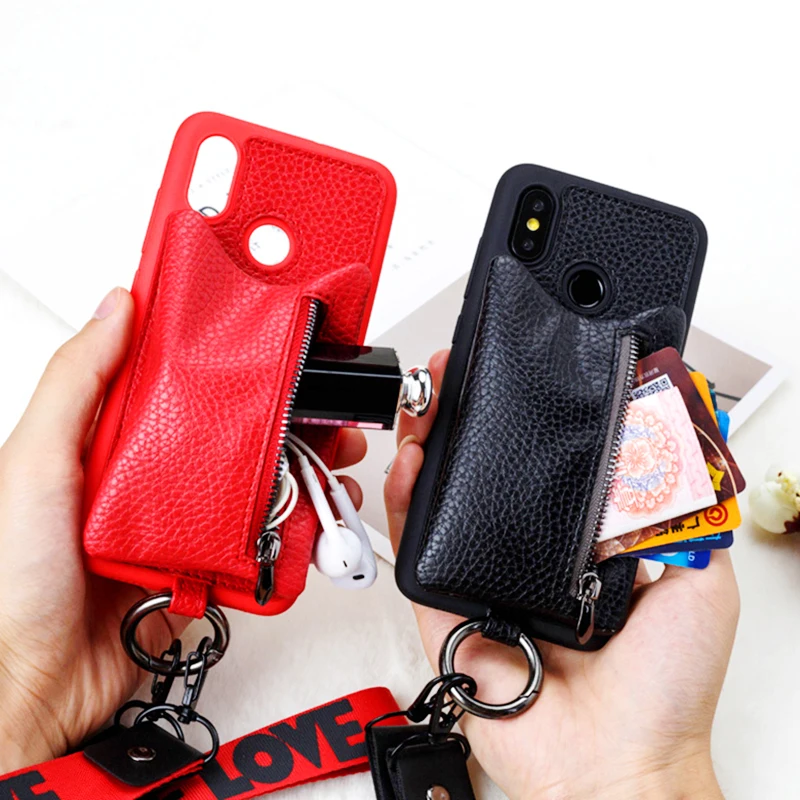 

Phone Case For Xiaomi Mi 8 8se Note 3 Max 3 A1 A2 5X 6X zipper wallet handbag With lanyard protective cover For Redmi 5 Plus