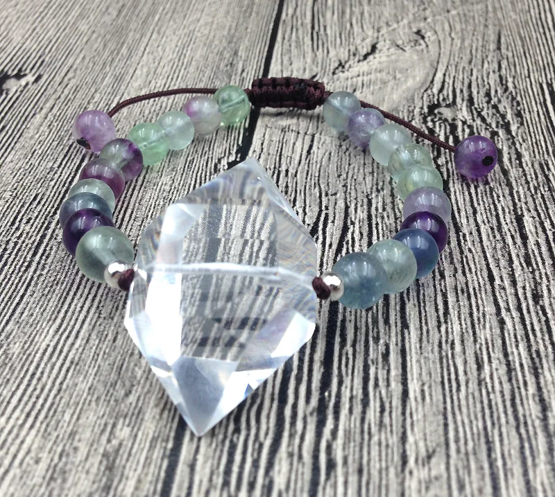 

YA2543 Natural Clear Quartz Double Point Fluorite Stone 8mm Round Stone Beads Cord Knot Bracelet Adjust 6.5inch long