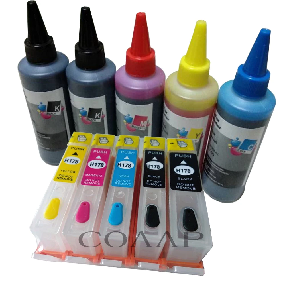 

5pcs Refillable hp178 Empty cartridge + 500ML Dye inks for HP Photosmart C5380 C5383 C5390 C6300 C6380 CN245B D5460 D7560