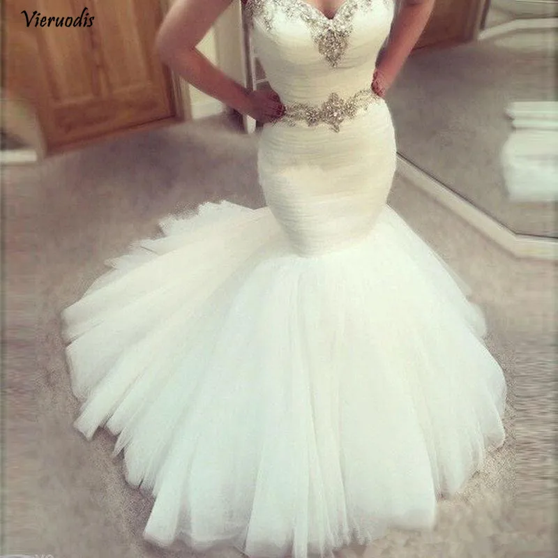 

Romantic Lace Fluffy Type Organza Mermaid Wedding Dress 2019 Crystal Beads Sexy Sweetheart wedding dress Bridal Gowns