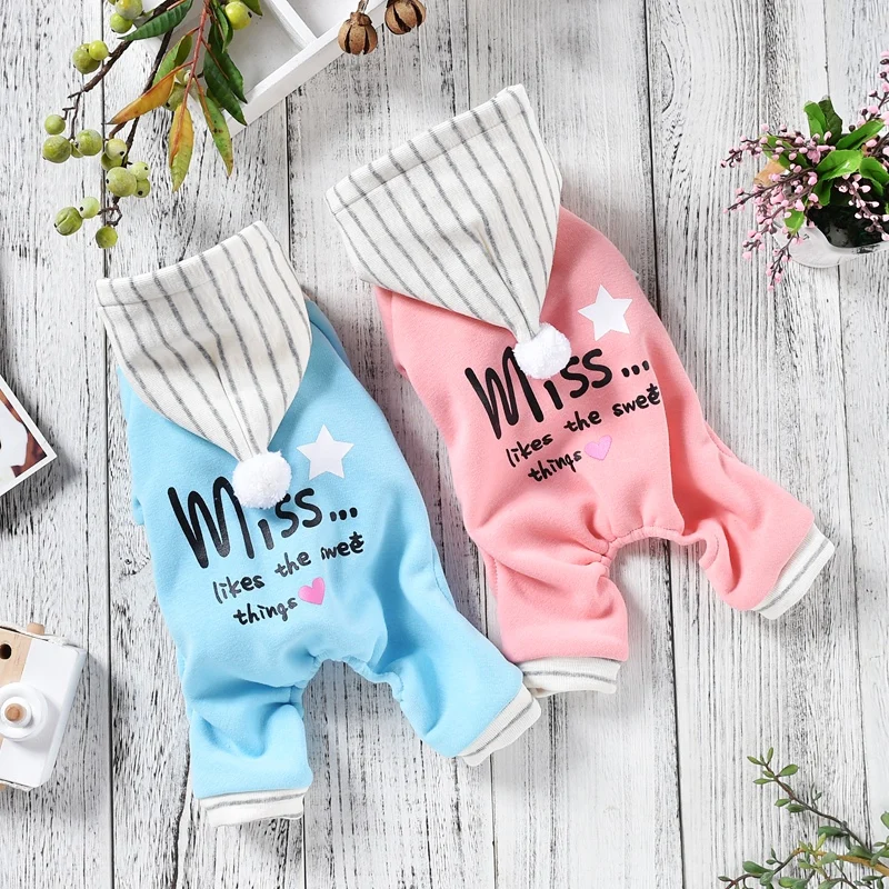 

2020 New Stripe Ball Hat Apparel For Dog Jumpsuit Pink Blue Sweet Cute Pet Clothes S 2L Autumn Winter Chihuahua Pit Bull Supply