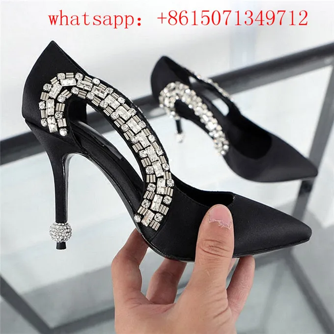 Sexy Black Leather Pointed Toe Pumps Women Luxury Rhinestone Slip On Thin High Heels party Wedding Shoes Woman Cut outs Pumps