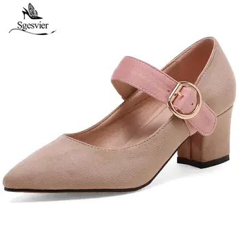 

SGESVIER New Spring Women Pumps Pointed Toe Sweety Lovely OL Shoes Thick Heel Flock Pink Black Apricot Pumps Women Shoes OX215
