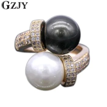 

GZJY Fashion Jewelry Gold Color Black&White Created Pearl Zirconia Engagement Wedding Rings For Women Elegant Bijoux