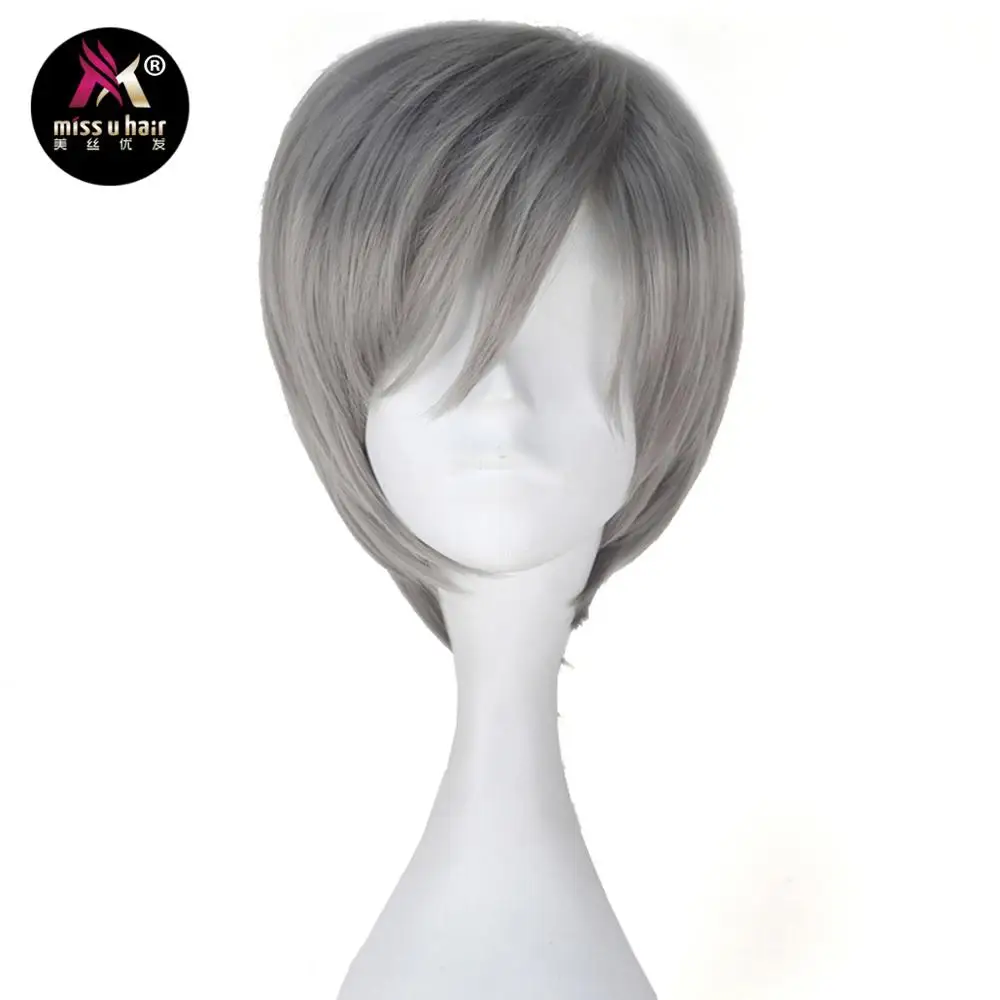 1388 5 De Réductionmiss U Cheveux Court Droit Gris Argenté Couleur Cheveux Hommes Femmes Cosplay Costume Pleine Perruque Fête Halloween Usage