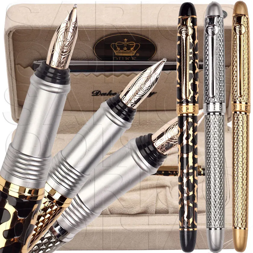 

RollerBall pen or Fountain Pen 8K Solid Gold F Nib Leather Box 3 colors to choose 12pcs/lot DUKE 216 Sign pen Free Shipping