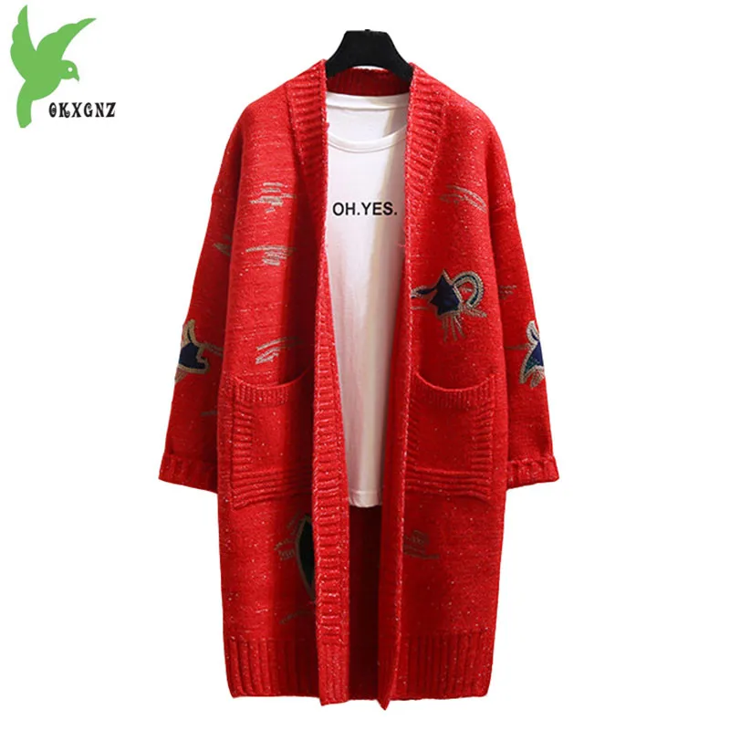 #Special Offers Knit Cardigan for Womens 2018 Autumn and Winter Sweater Coat Embroidery Loose Female Thick Warm Long Sweater Jackets OKXGNZ 2052