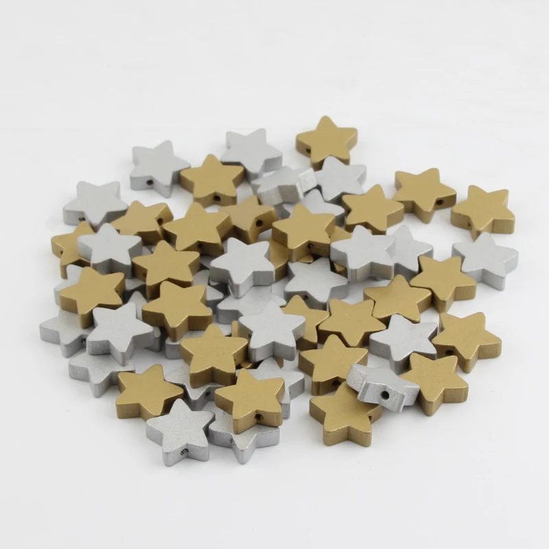 

30pcs Gold/Silver Star Shape Wooden Beads For Jewelry Making Diy Pacifier Clip Spacer Loose Beads 15x15mm