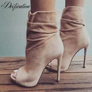 

Deifcation Botines Mujer 2018 Pleated Slip-on Gladiator Sandals Hot Sexy Peep Toe High Heels Apricot Kid Suede Woman Ankle Boots