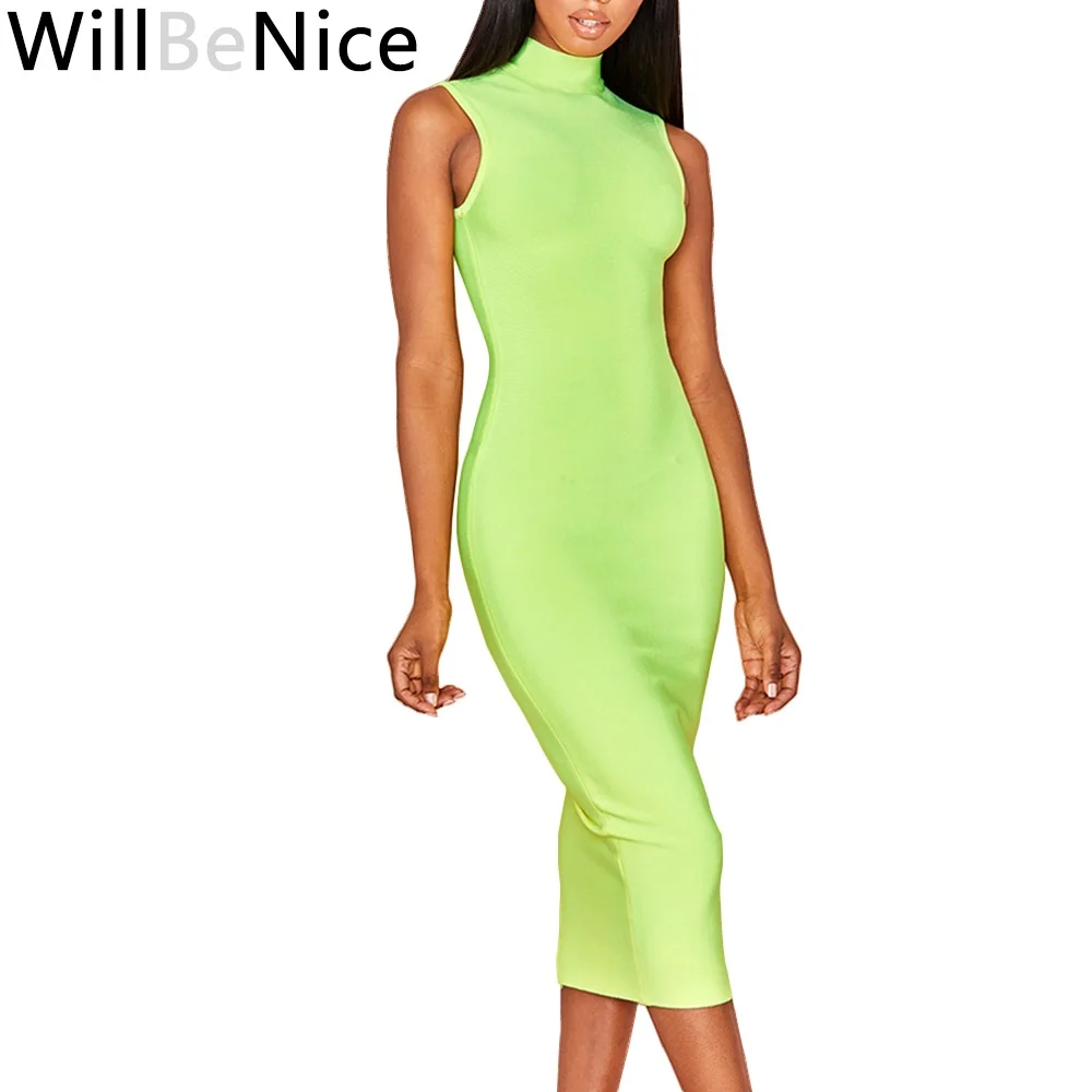 

WillBeNice 2019 Summer Women Dress Sleeveless High Neck Bodycon Women Bandage Dress Clubwears Celebrity Party Dres