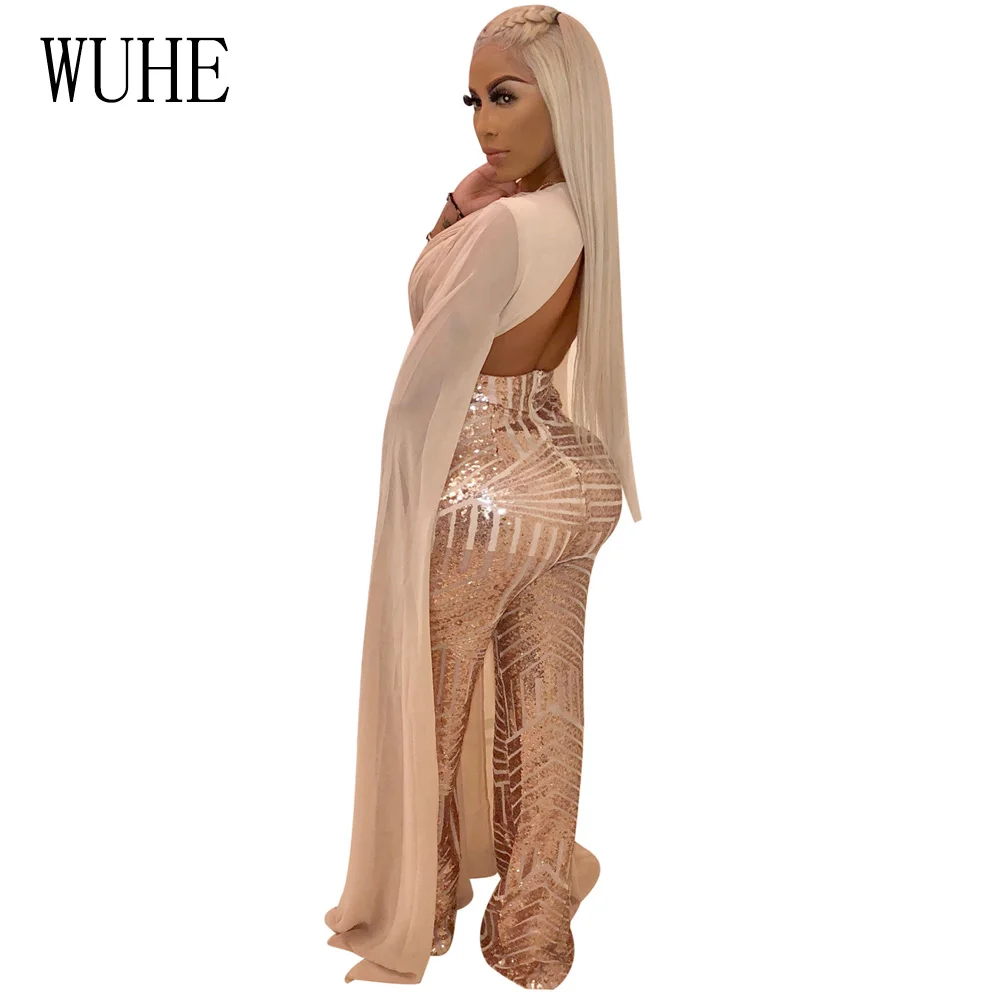 WUHE Sparkly Sequins Overalls For Women Cape Split Extra Long Sleeve V Neck Jumpsuit Elegant See Through Plus Size Party Romper