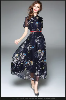 

2017 Summer High Quality Sexy Chiffon Empire Print Beach Dress Elegant Stand Long Style Party Dresses