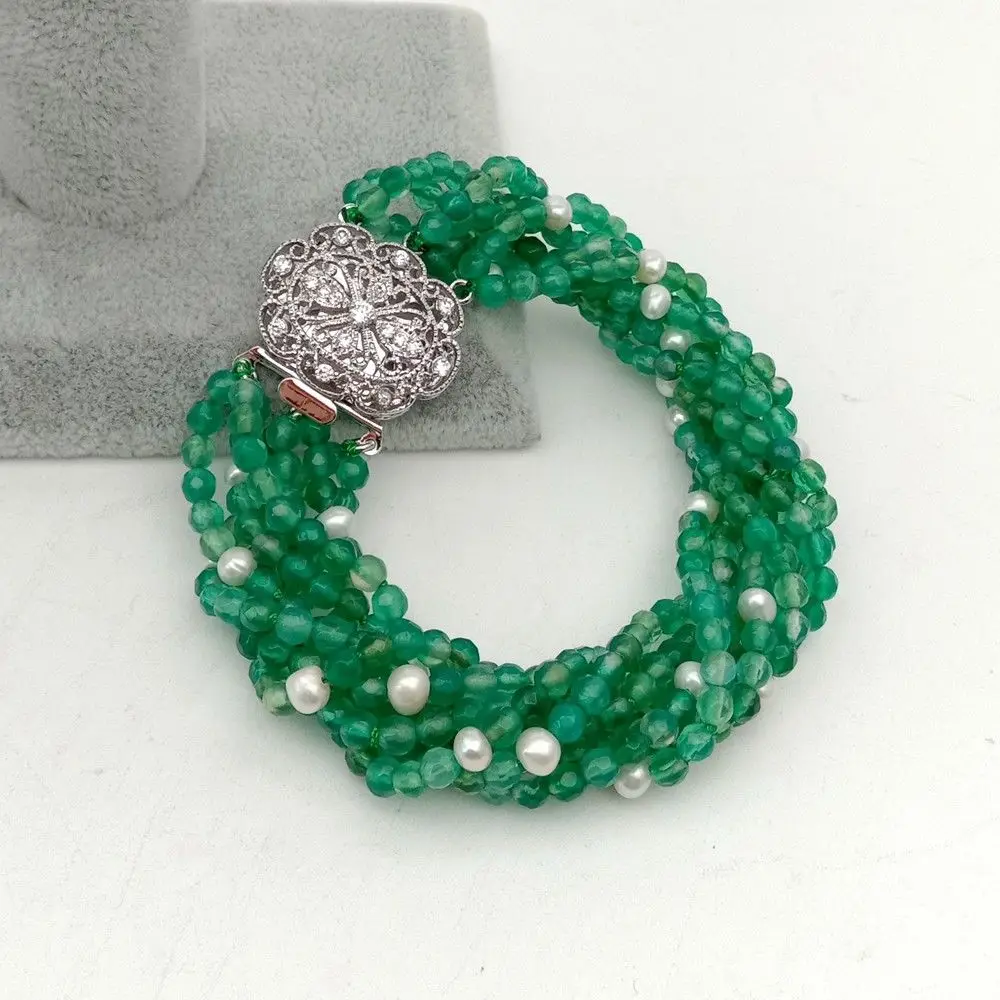 

Green Faceted Stone Pearl 8Rows Multi Strands Bracelet