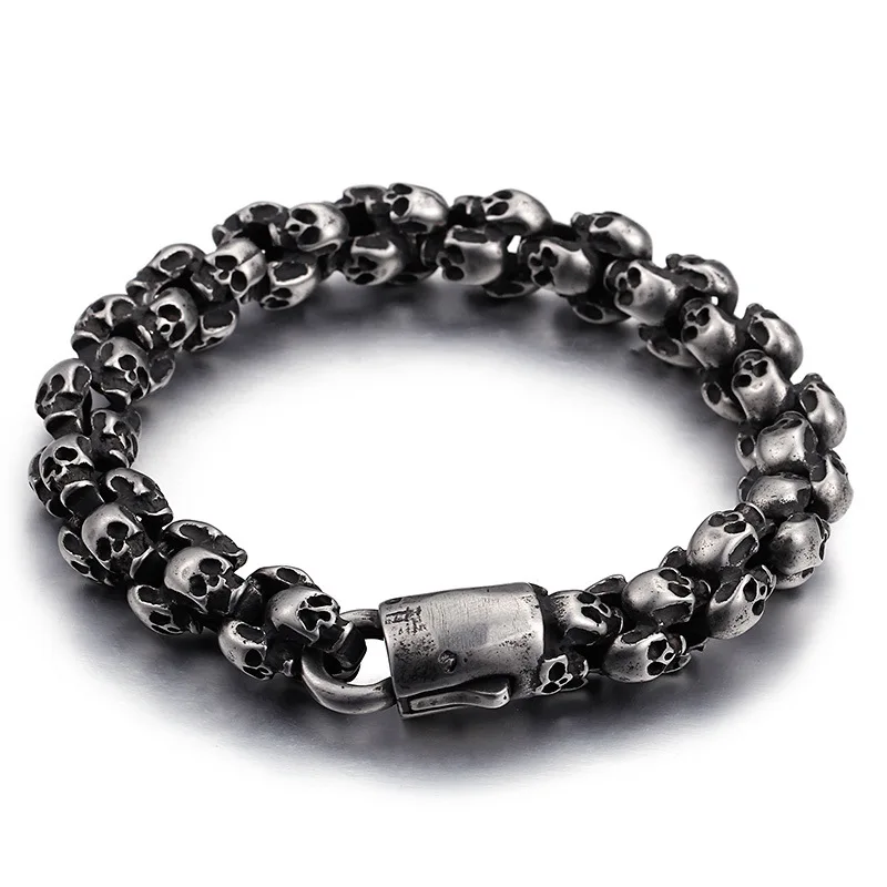 

Fashion Punk Skeleton Chain Bracelet Titanium Steel Retro Silver Black All Skull Chain Bracelets Jewelry For Cool Men Gift