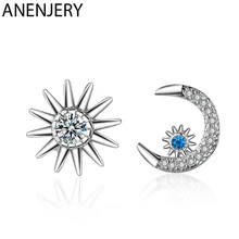 ANENJERY, 925 пробы, серебряные серьги, асимметричные, циркон, звезда, луна, серьги для женщин, подарок, S-E884