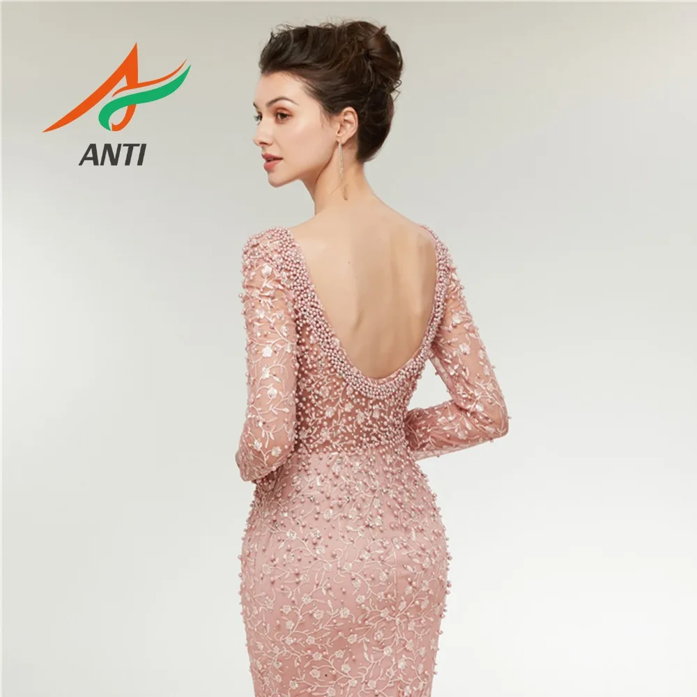 ANTI Saudi Arabic Illusion Pink Mermaid Evening Dress Long 2019 Dubai Turkish Scoop Neck Long Sleeve Backless Evening Gown LM182