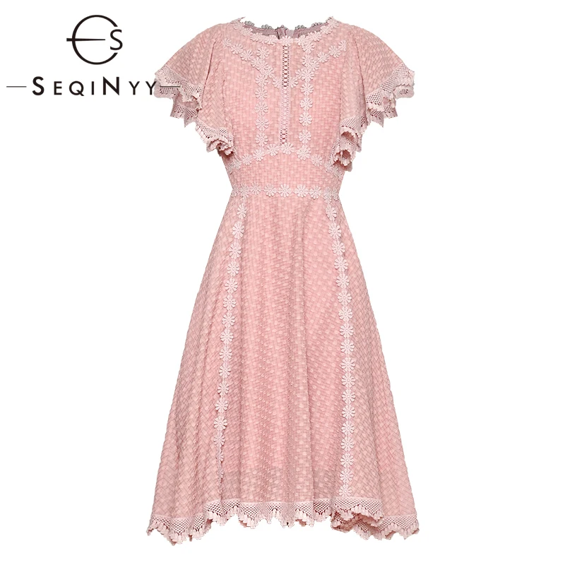 

SEQINYY Sweet Dress 2020 Summer New Fashion Design Short Flare Sleeve Luxury Lace Hollow out Dot Knee Women Dress