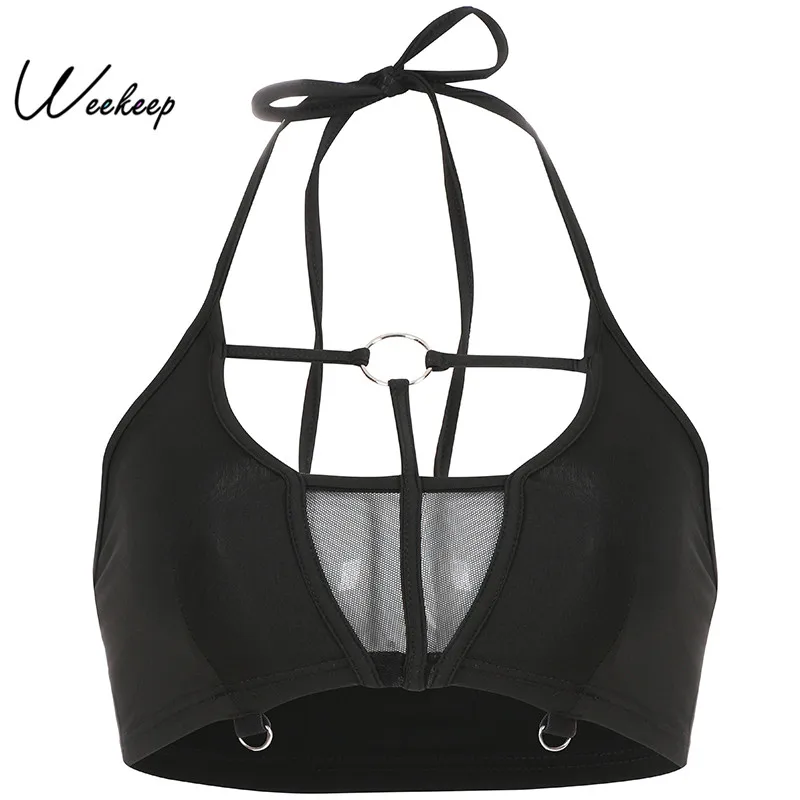 

Weekeep Sexy Halter Backless Mesh Patchwork Tank Top Women Backless Streetwear Cropped Tank Tops 2019 Summer Feminino Crop Top