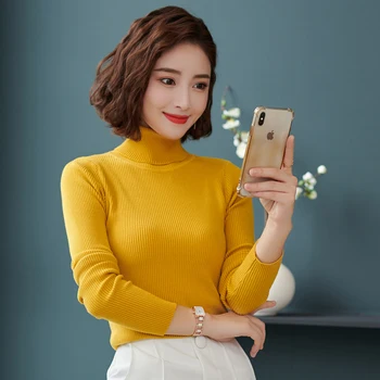 

On sale 2019 Autumn Winter women knitted turtleneck sweater Casual soft polo-Neck jumper fashion slim female elasticity pullover
