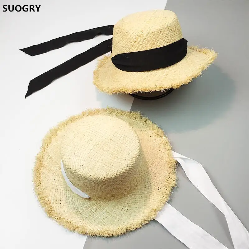 

Handmade Weave Raffia Sun Hats For Women Black Ribbon Lace Up Large Brim Straw Hat Outdoor Beach Summer Caps Chapeu Feminino