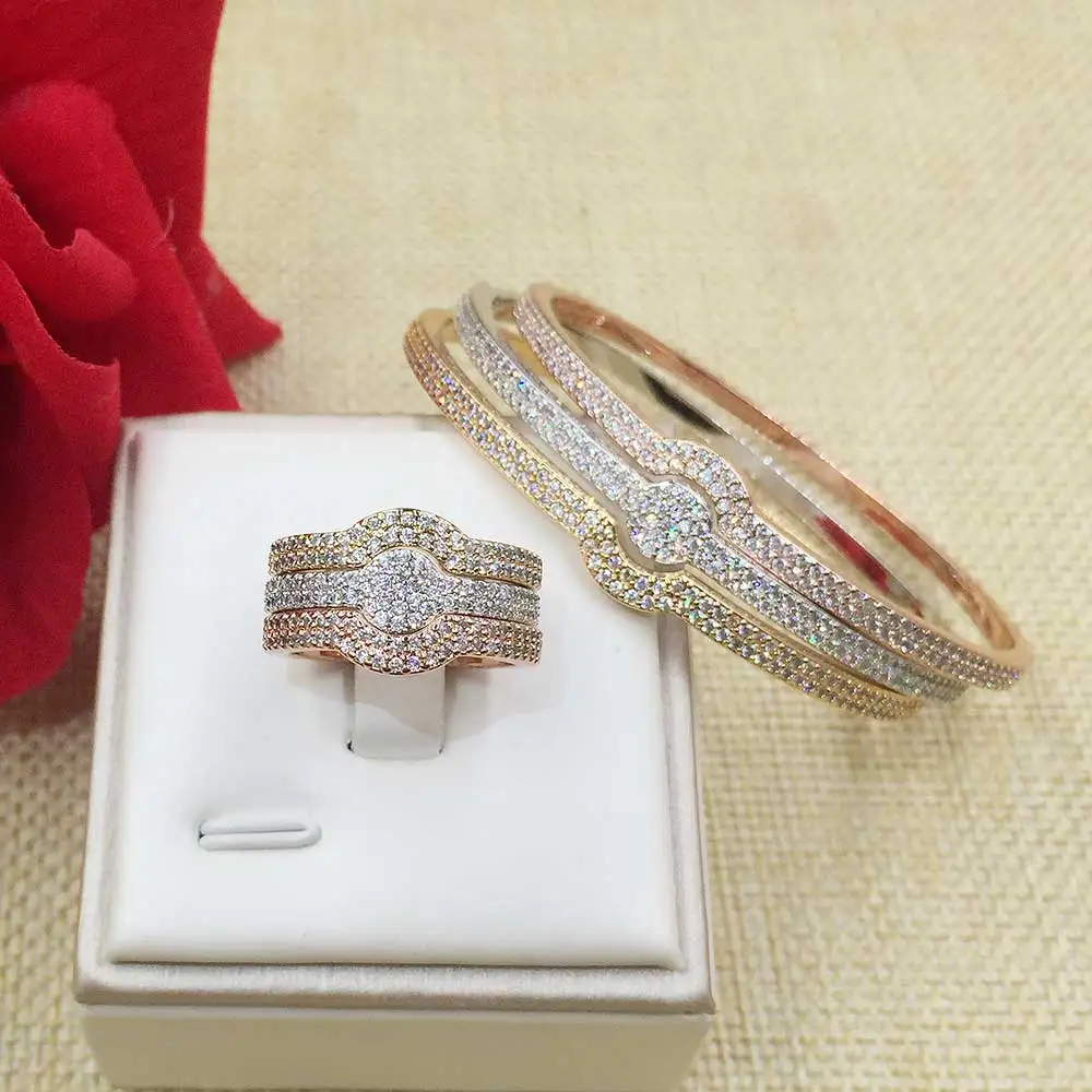 

GODKI New Arrival Fashion Luxury 3 Color 3 in 1 Super Shiny AAA Cubic Zirconia Women Baguette Bracelet Bangle And Ring Set