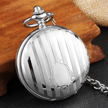 

Luxury Silver Stripe Carved Mechanical Pocket Watch Double-side Open Hand Wind Men Women Skeleton Steampunk Watch Fob Chain Gift