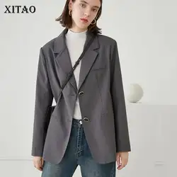 [XITAO] однобортное женское корейское модное пальто сплошного цвета с кнопками женский зазубренный воротник карман Свободная куртка пальто