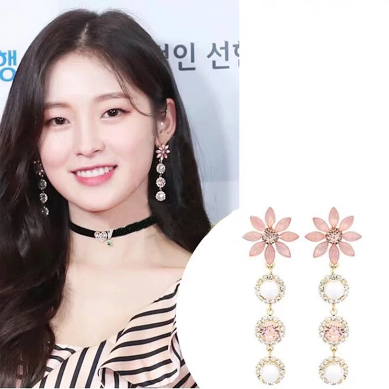 

MENGJIQIAO New Korean Pink Flower Drop Earrings For Women Girls Fashion Rhinestone Crystal Geometric Pendientes Jewelry Gifts
