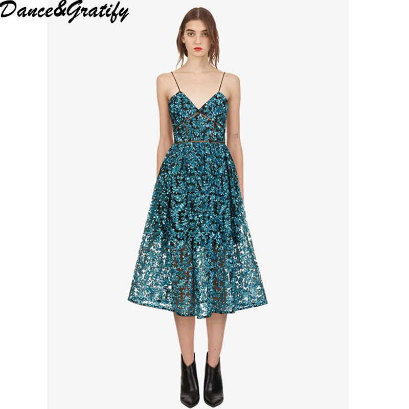 

2019 New Spring Summer Women Long Mid-calf Runway Dress Sexy Spaghetti Strap Sequined Club Party Dresses