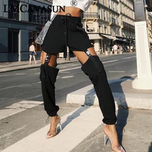 LMCAVASUN Lace Up Long High Waist Pants Women Cotton Black Hip Hop Stretch Pencil Pants Casual Hotpants Streetwear Ladies Trous