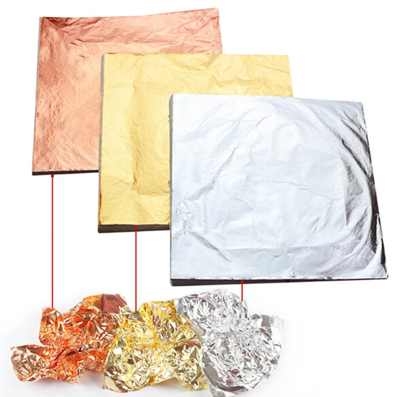 100Pcs Art Foil Craft Paper Imitation Gold Sliver Copper Leaf Leaves Sheet Foil Paper for Gilding DIY Craft Decoration 14cmx14cm
