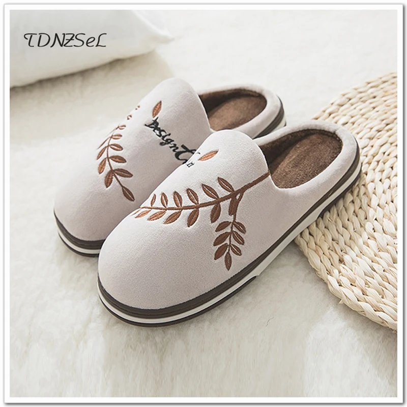

Plush Winter Warm Lovers Indoor Slippers Plus Big Size Men&Women Home Bedroom Couple Shoes Leaves Letter Embroider Soft Slipper