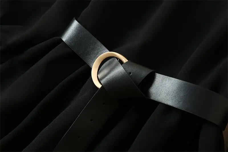 Women Runway Dress High Quality Star Style O-Neck Solid Black Elegant Dresses Casual Dress With Belt NP0687MF