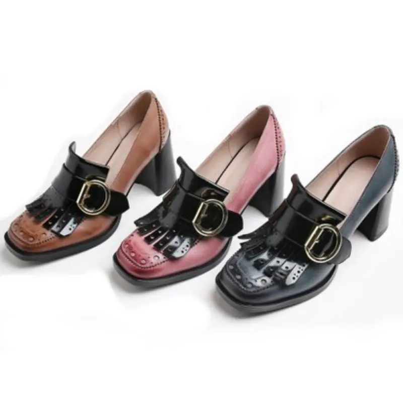 

2017 Spring new fashion women genuine cow leather thick high heel single shoes OL working square toe fringe high heels pumps