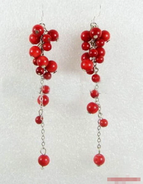 

Free shipping Red Coral Beads Custer Grape 18KWGP Hook Long Earrings