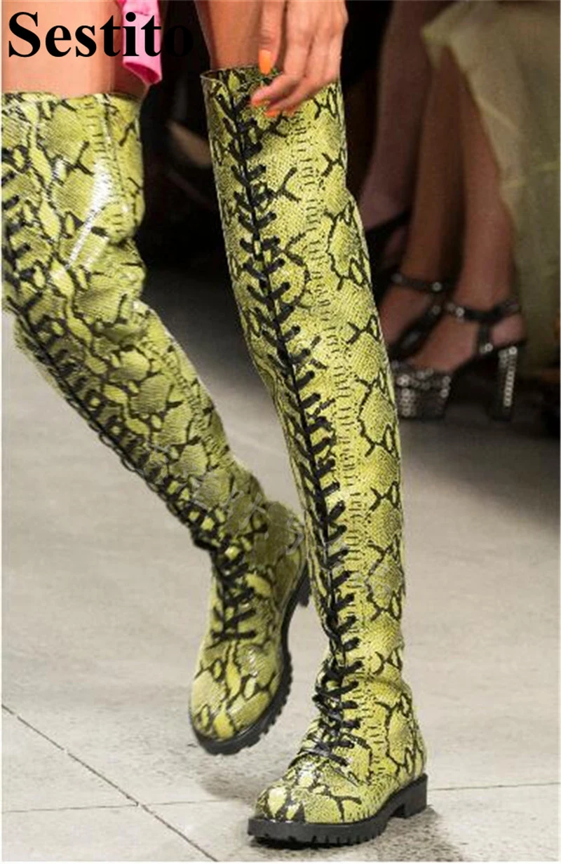 

European Fashion Snake Pattern Cross-tied Woman Boots Round Toe Over-the-Knee Boots For Women Square Heel Lace-up Women Shoes
