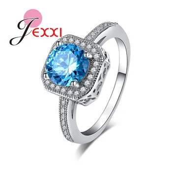 

Simple Elegant Blue Cubic Zircon Crystal Rings Jewelry Stamp Silver Bands Rings Wedding Engagement Rings