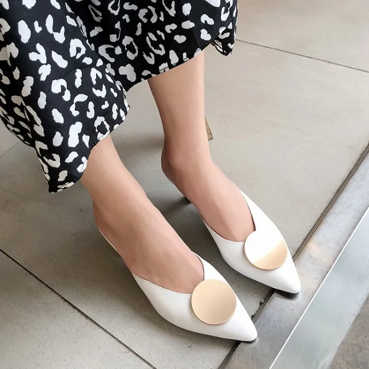 

PXELENA Online Celebrity Women Mules Shoes Real Genuine Cow Leather Slides Metal Decor Fashion Kitten Heel Summer Slippers Party
