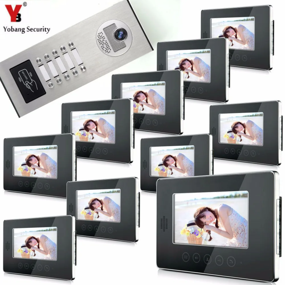 

Yobang Security 10 Units Apartment Building Home Security Doorbell Kit Video Door Intercom System 7"RFID Access Door Camera