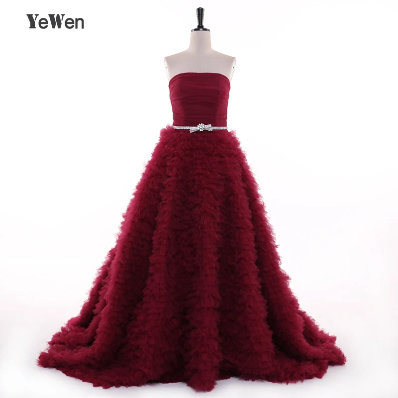 

New Design Luxury strapless Tulle A Line Wedding Dresses 2017 burgundy Big Court Train Bridal gowns Plus Size Wedding dress