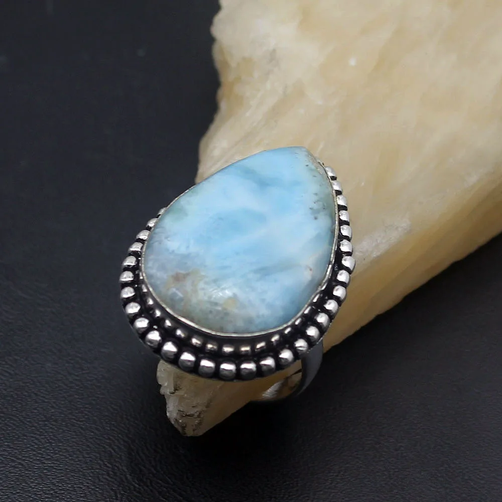 

Special Design Teardrop Vintage Blue Larimar 925 Sterling Silver Women Mens Ring Size 8.5# NY1228