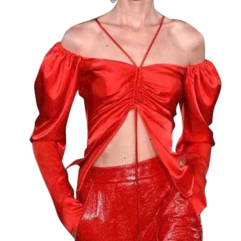 

Streetwear Sexy Halter Off Shoulder Tops Women Split 2019 Summer Long Sleeve Drawstring Tee Shirt Femme Casual camisetas mujer