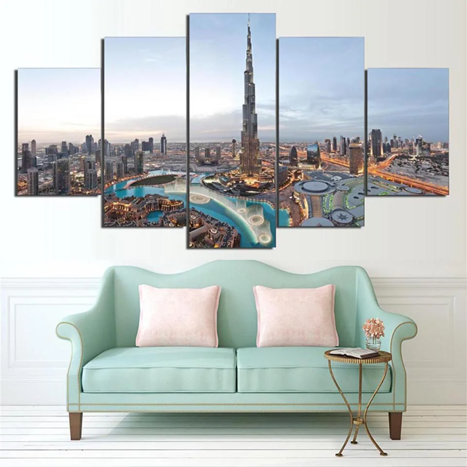 HD-Printed-Painting-Pictures-Home-Decoration-5-Panel-Dubai-Building-City-Landscape-Modern-Living-Room-Wall