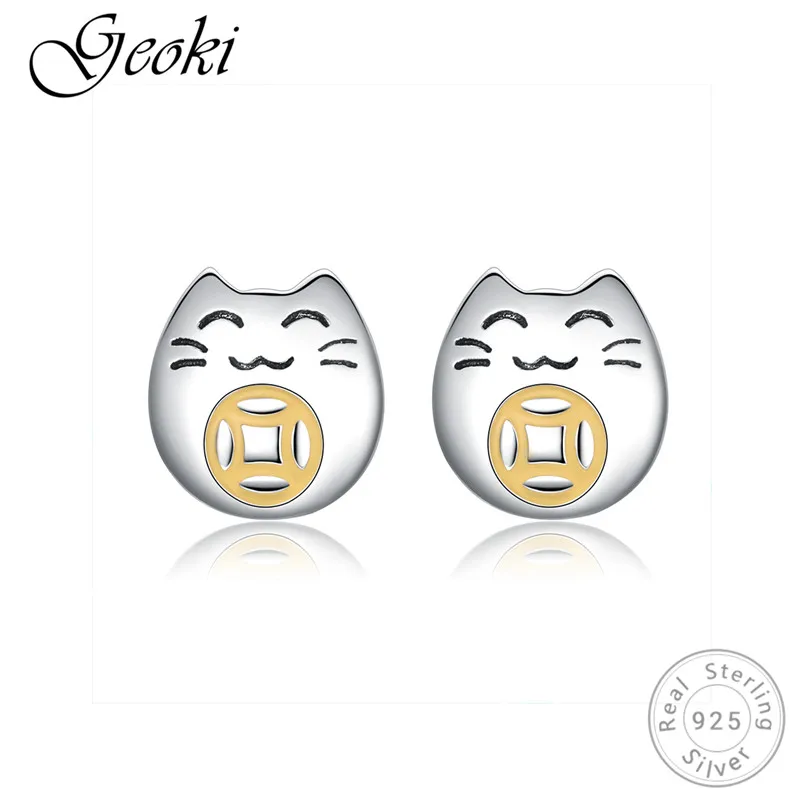 

Geoki 925 Sterling Silver Chinese Making Money Cat Stud Earrings for Women Cute Gold-color Lucky Kitty Earrings Teen Girls