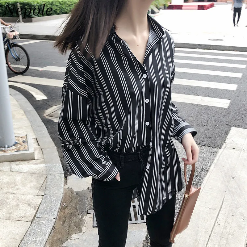 Neploe Stripped Loose Vintage Blouse Single Breasted Women