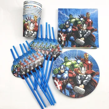 

50pcs/set Avenger Theme Party Supplies Tableware Plate Cup Napkin straw Birtday Party Favors Baby Shower Favor Party Decoration